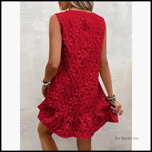 Ruffle Hem Sleeveless Tank Dress Casual Jacquard Smock Mini Dress - Picture 2 of 6